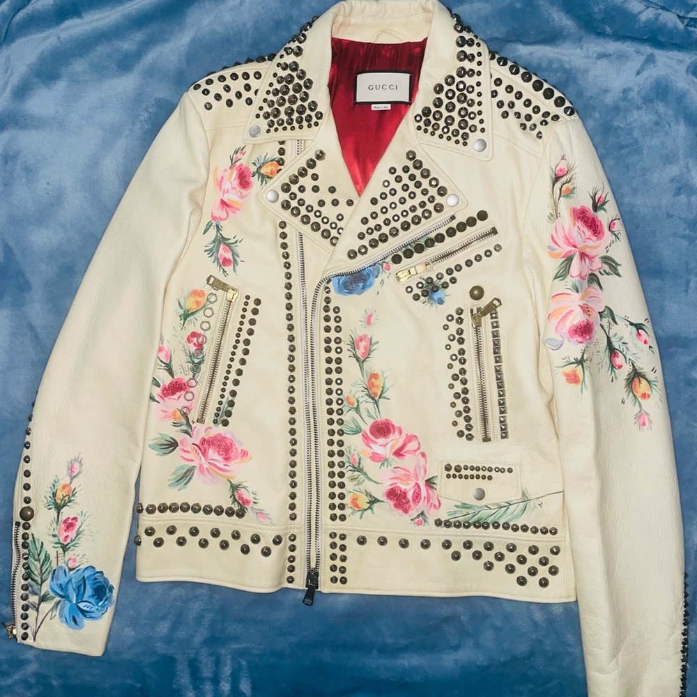 Gucci Mens Exclusive White Hand painted Floral Studded Leather Jacket